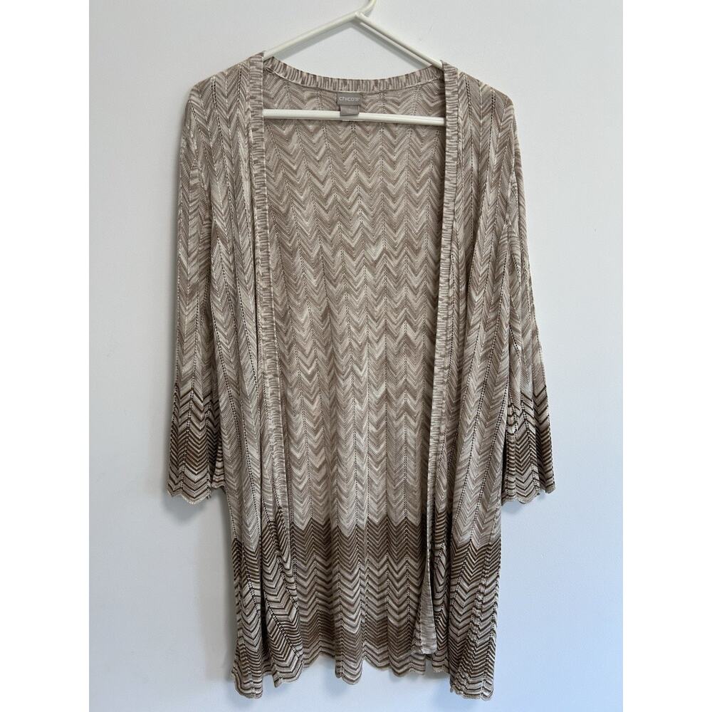 Chicos Zig Zag Sticth Crochet Open Cardigan Size 2 Large Womens Tan Stripe Rayon